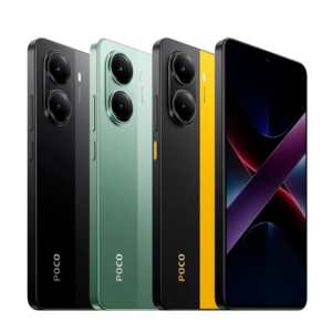 cuatro unidades de Poco X7 pro, una negra, una verde, una negra y amarilla y una de frente con pantalla encendida