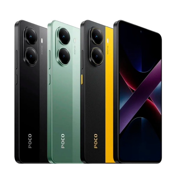 cuatro unidades de Poco X7 pro, una negra, una verde, una negra y amarilla y una de frente con pantalla encendida