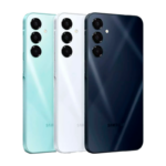tres Samsung A16 5g de dorso, uno de cada color: celeste, blanco y negro