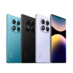 redmi note 14 pro 4 unidades, una verde, una negra, una blanca y una de frente con su pantalla encendida.