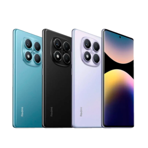 redmi note 14 pro 4 unidades, una verde, una negra, una blanca y una de frente con su pantalla encendida.