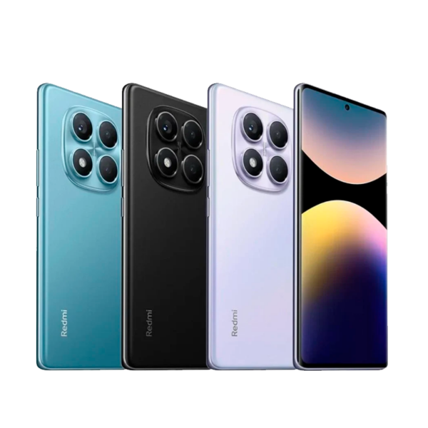 redmi note 14 pro 4 unidades, una verde, una negra, una blanca y una de frente con su pantalla encendida.