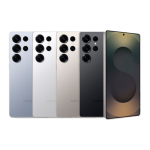 Cuatro celulares Samsung S25 Ultra de dorso y un celular Samsung S25 Ultra de frente