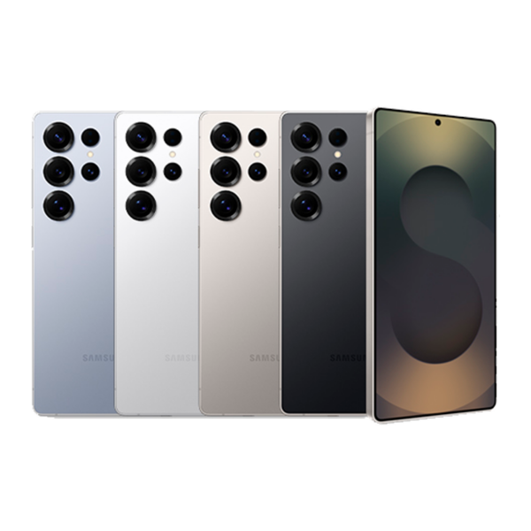 Cuatro celulares Samsung S25 Ultra de dorso y un celular Samsung S25 Ultra de frente