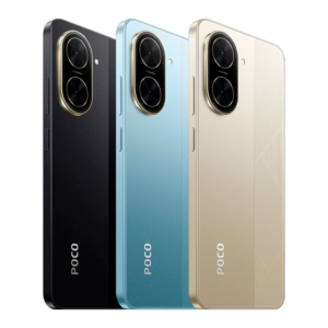 tres (3) Poco C71 de dorso, negro, celeste y dorado