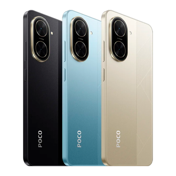 tres (3) Poco C71 de dorso, negro, celeste y dorado