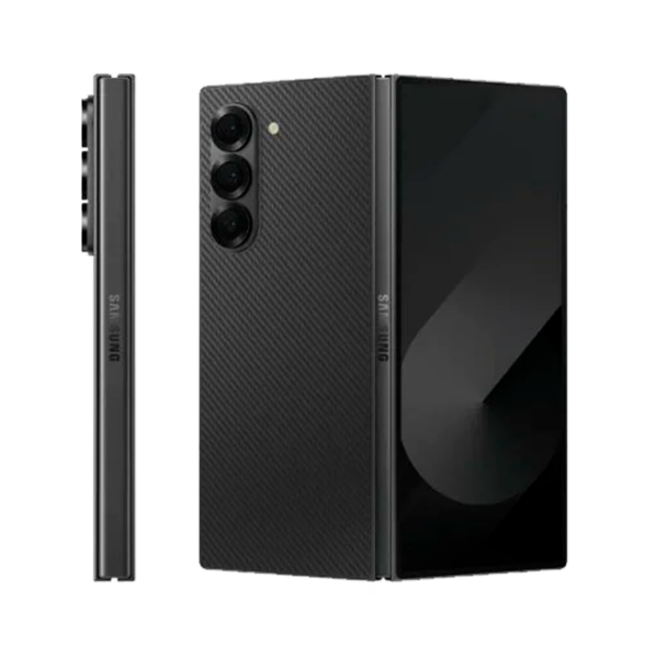 Samsung Z Fold 6 negro una unidad vista de perfil y otra unidad vista semidesplegada