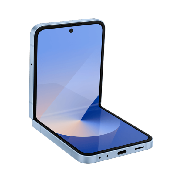 Samsung Z Flip 6 color celeste, visto de frente semi plegado
