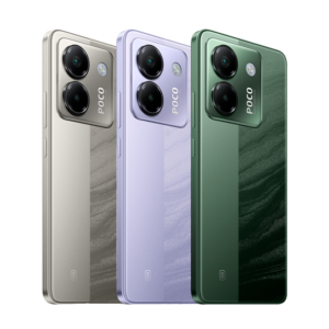Tres (3) Poco M7 Pro 5G, un Poco M7 Pro 5G gris, un Poco M7 Pro 5G violeta y un Poco M7 Pro 5G verde